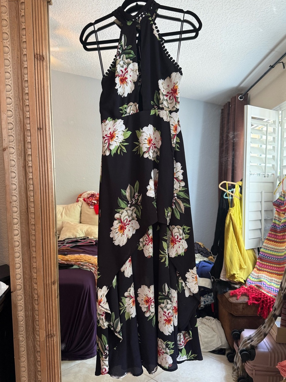 Floral Halter Maxi Dress - Black with White Floral Print